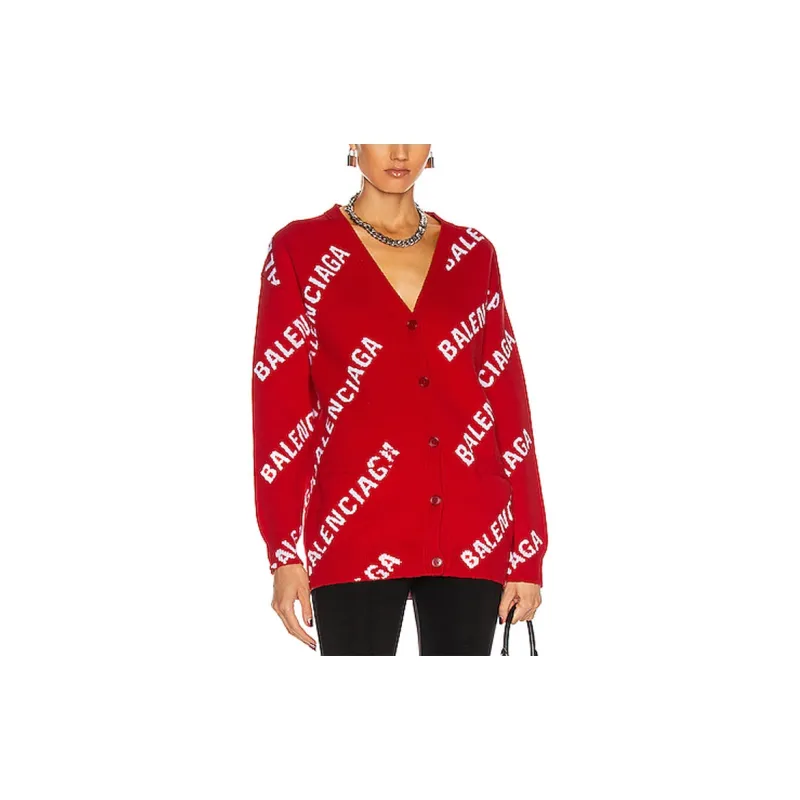 Balenciaga All Over Logo Cardigan 'Red/White'-3