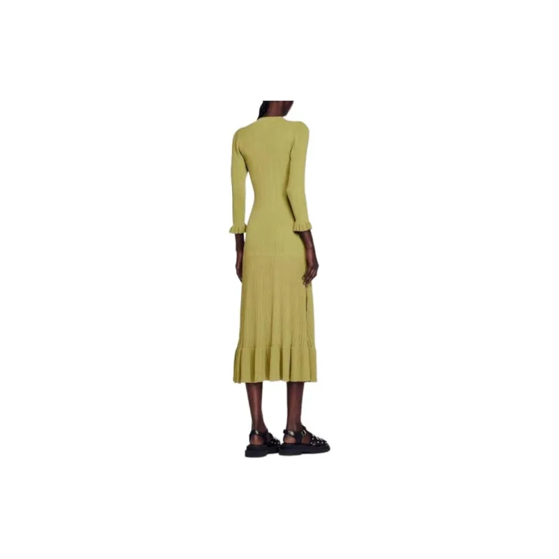 Sandro Önden Düğmeli Triko Uzun Elbise Long Sleeved Dress Women's Green-1