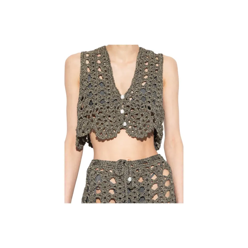 GANNI Crochet-Knit V-Neck Cropped Top-2