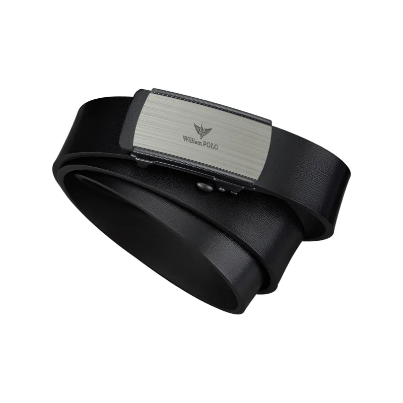 WilliamPOLO Cow Leather Leather Belts Men's Silver Buckle With Black Logo 3.4cm Wide-2