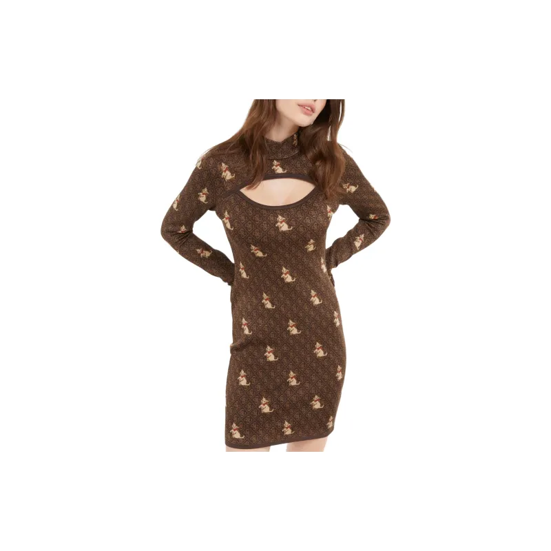 GUESS Logo Sweater Mini Dress Long-Sleeved Dresses Women's Dark Brown-1