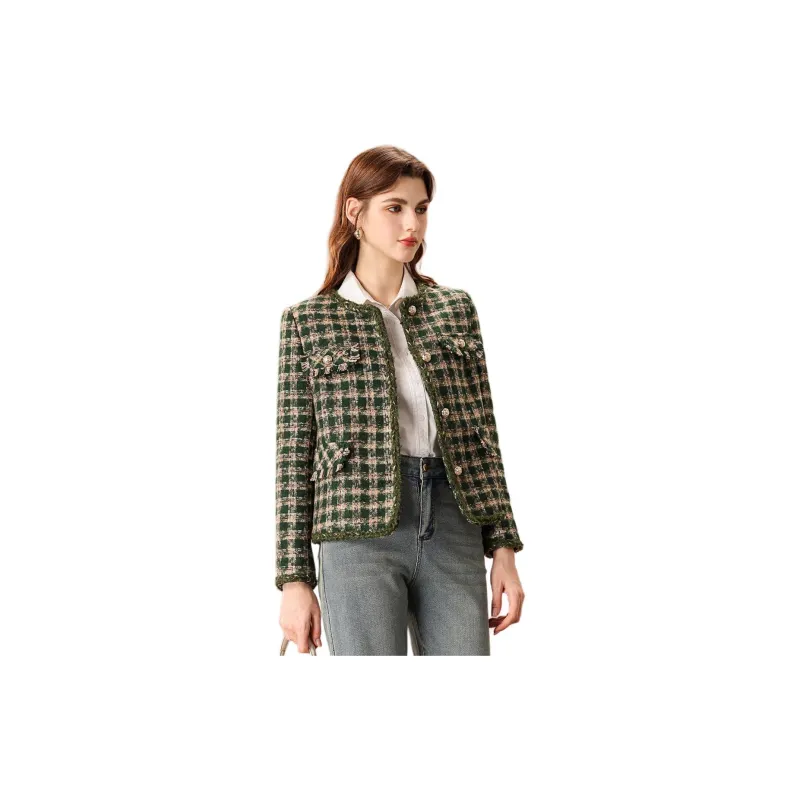FENHONGMALI Jackets Coats Women's Green Plaid-1