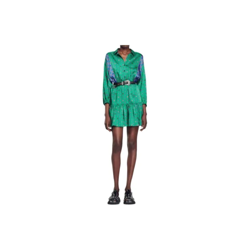 Sandro Printed Shirt Dress Long Sleeved Dress Women's Green-2