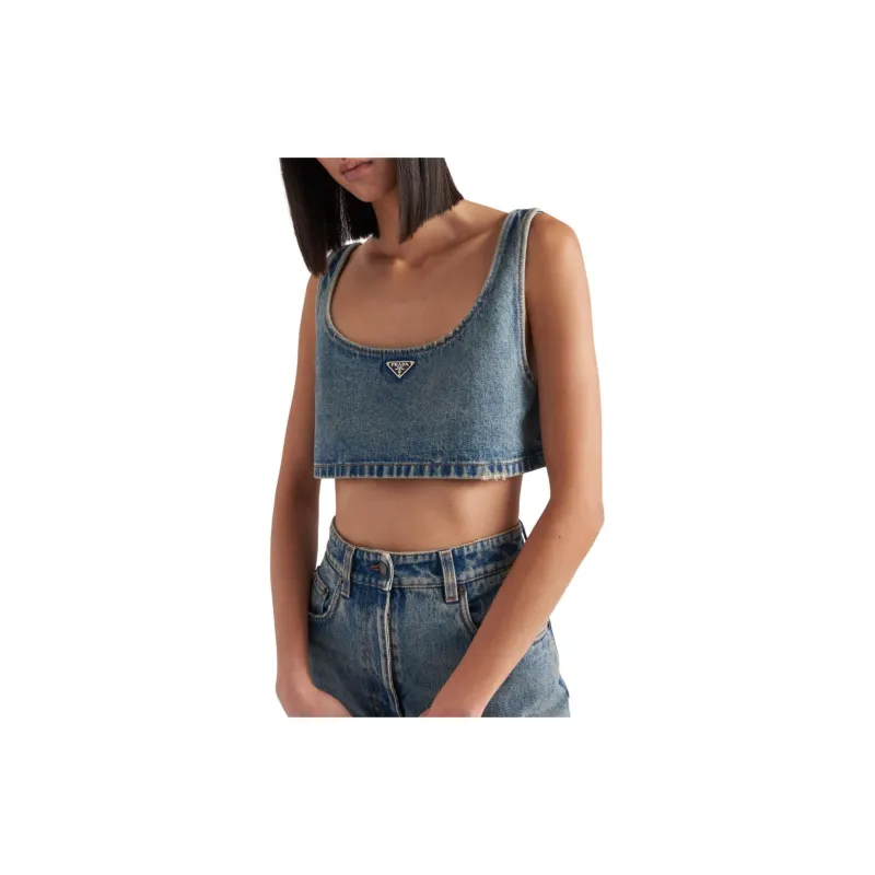 PRADA Triangle logo Denim Crop Top-4
