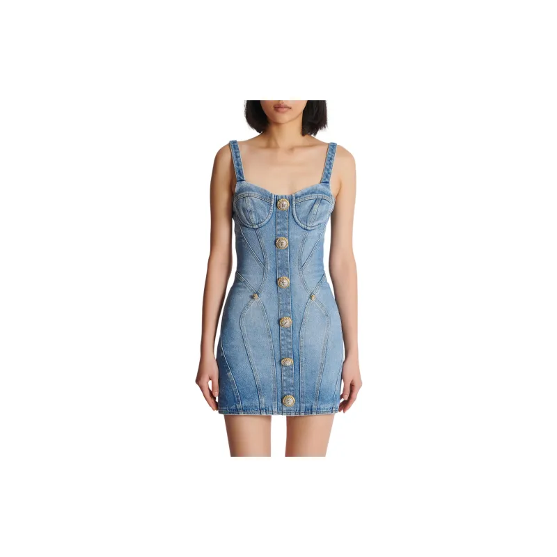 BALMAIN Buttoned Sleeveless Denim Dress-4