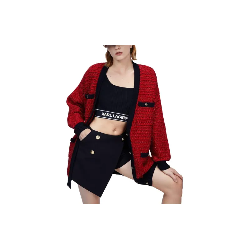 KARL LAGERFELD Long Sleeved Knitted Fabric Cardigan Women's Red-1