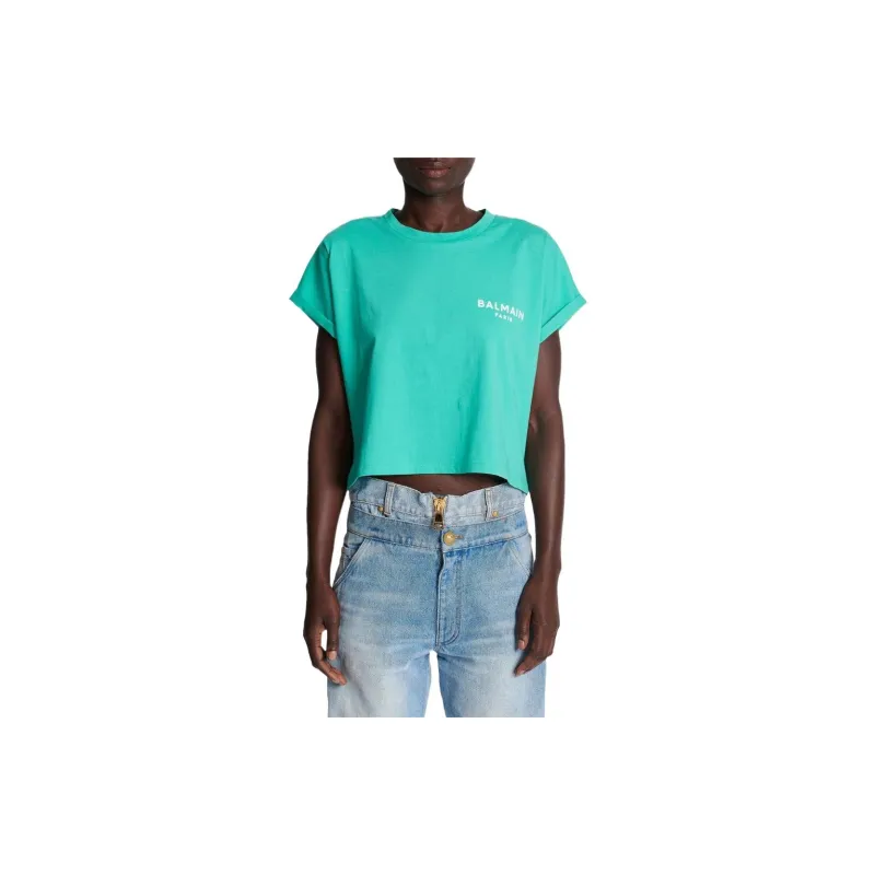 BALMAIN Logo Printed Cropped T Shirt 'Water Green/White'-3