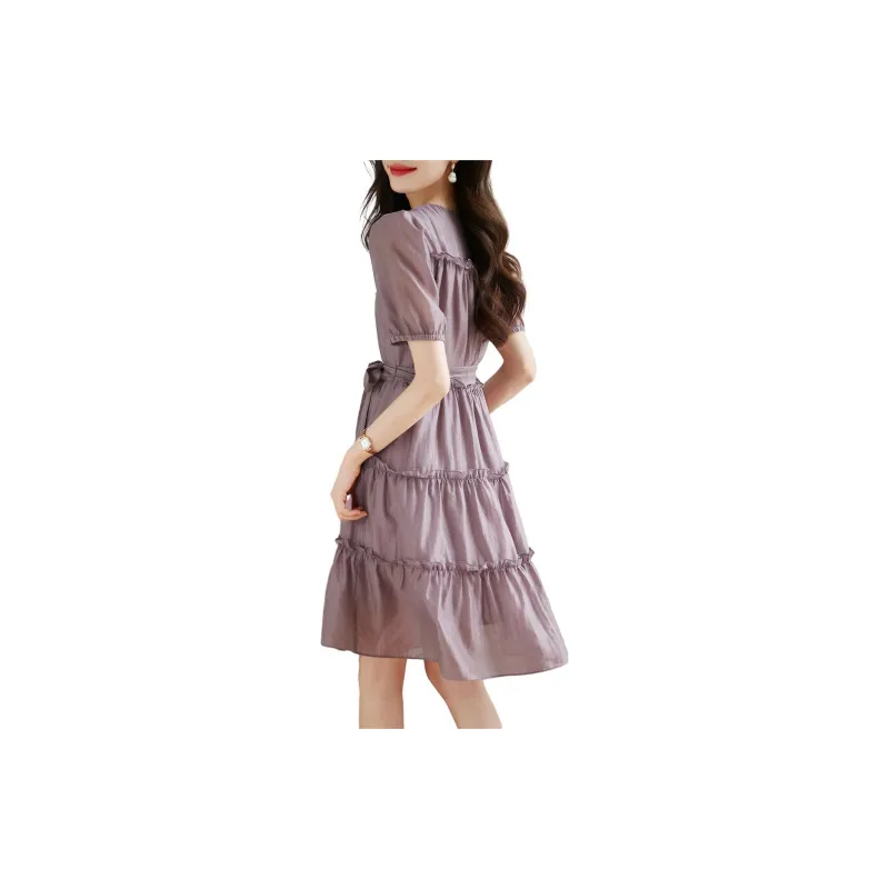 Still Quiet Short Sleeved Dresses Women's Purple-4