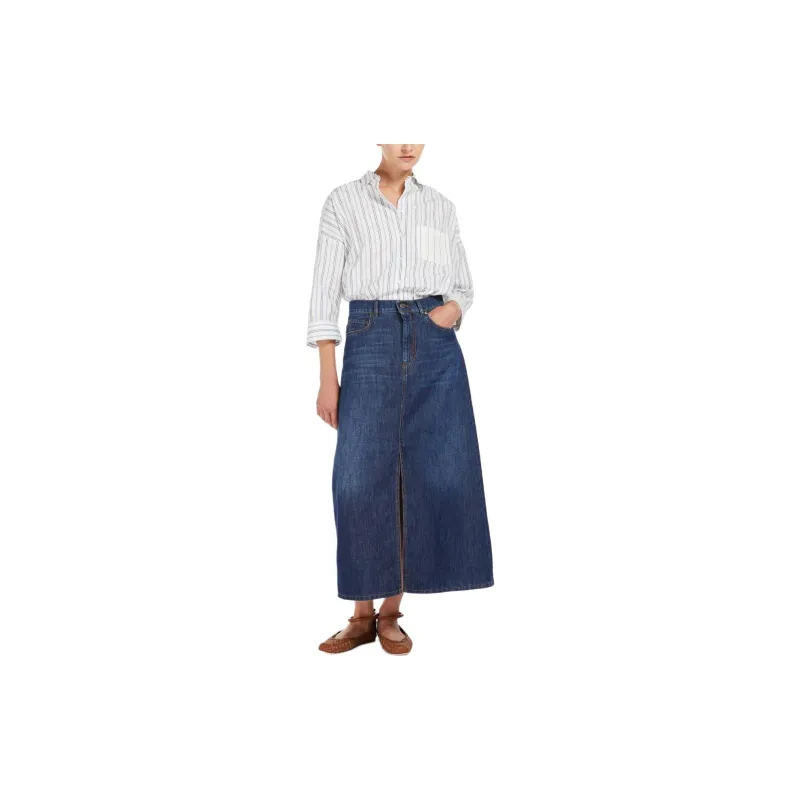 WEEKEND MaxMara Cotton Denim And Linen Skirt Denim Long Skirt Women's Blue-1