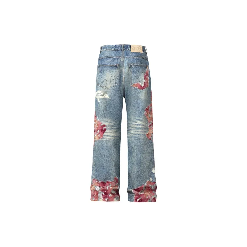 YADcrew American Vintage Comfortable Versatile Premium Design Casual Travel Jeans Unisex Free Custom Badge Set Blue-1