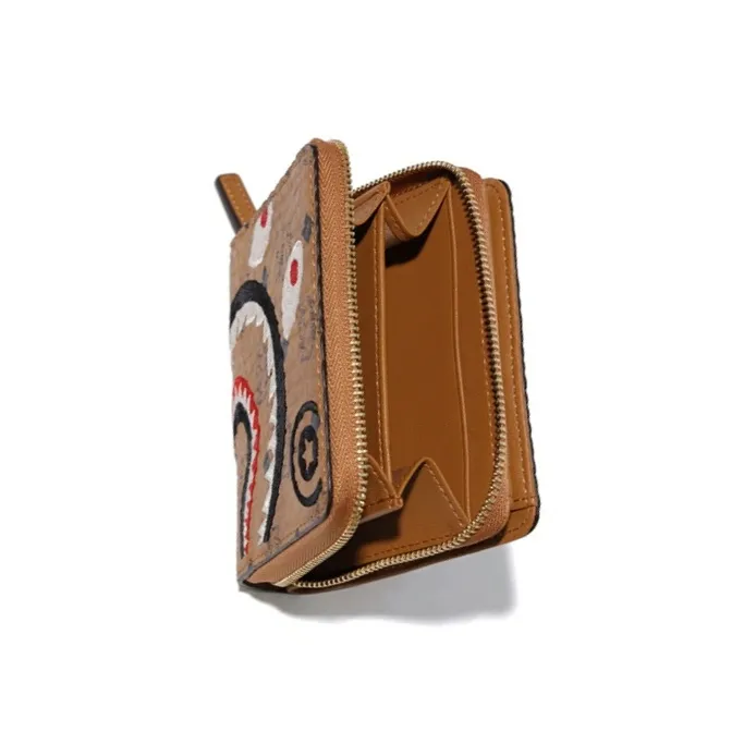 A BATHING APE MCM Shark Zip Collaboration Collection Sheepskin Wallet Unisex Brown-4