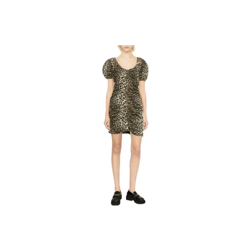 GANNI Printed Gathered U Neck Mini Dress 'Leopard'-2