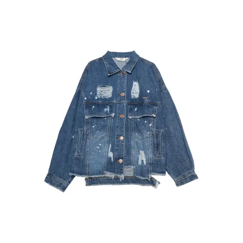 MUGUOGUOMU Cropped Coats Women's Denim Blue