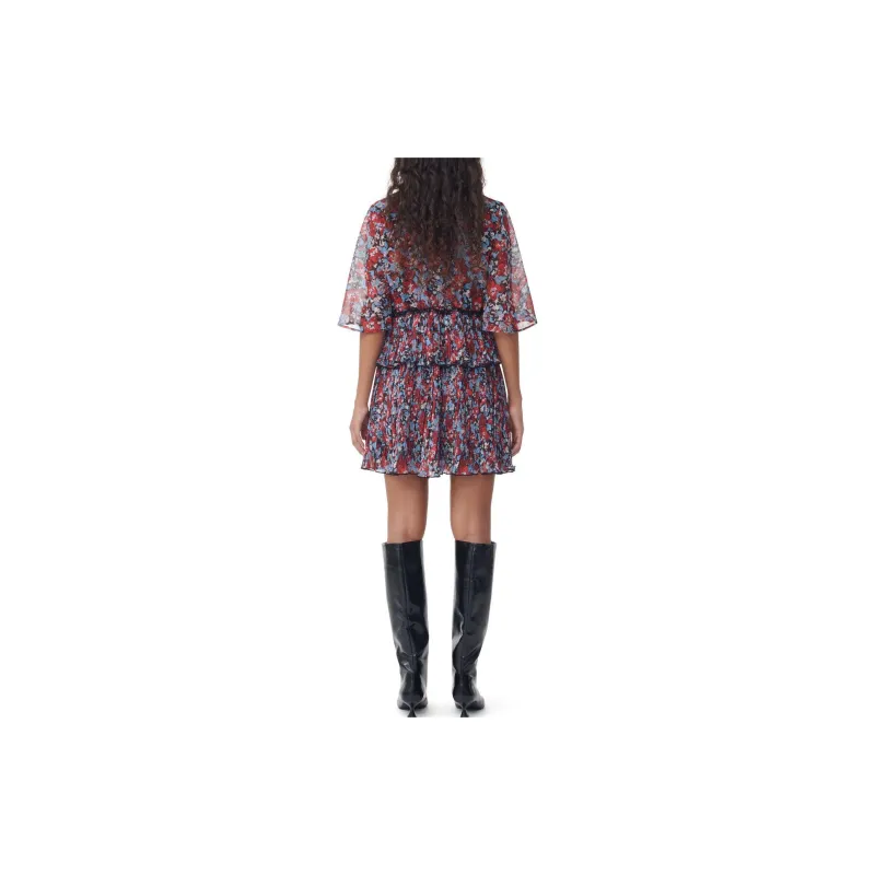 GANNI Red Pleated Georgette V-Neck Smock Mini Dress Short-Sleeved Dresses Women's Red-4
