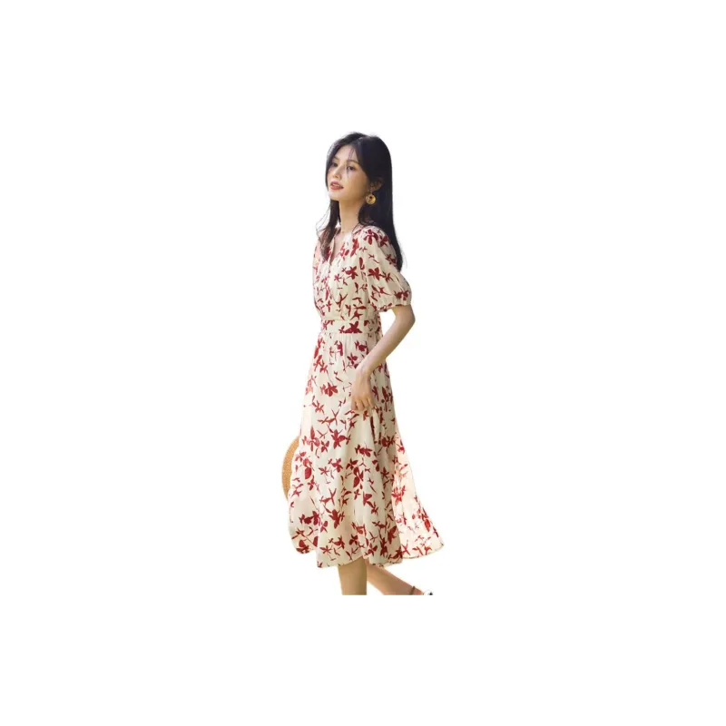 XWI Short Sleeved Dresses Women's Light Beige With Red Flowers-3