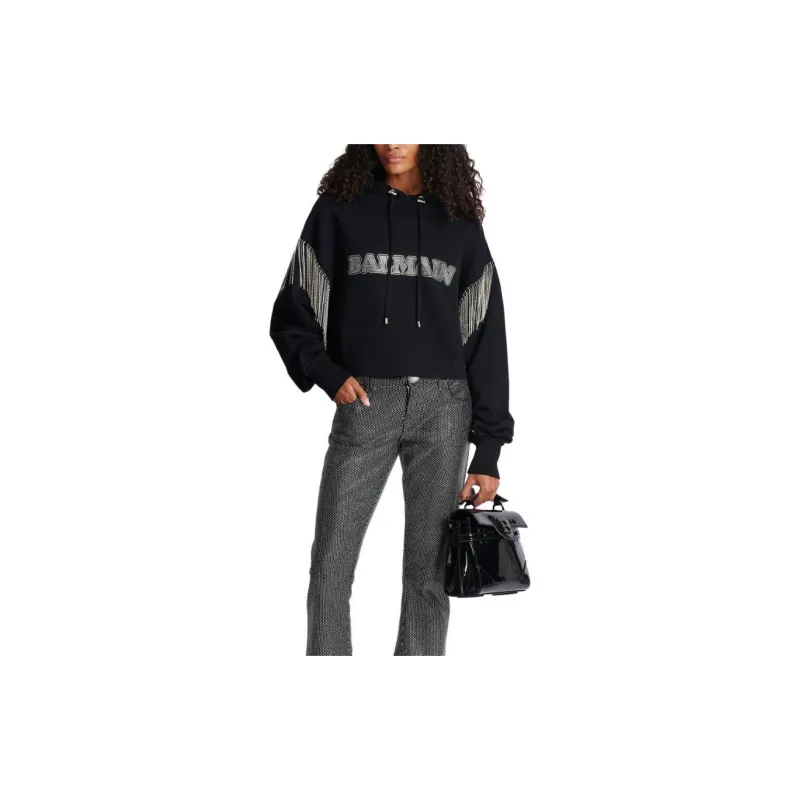 BALMAIN Embellished Cropped Hoodie 'Black/Crystal'-1