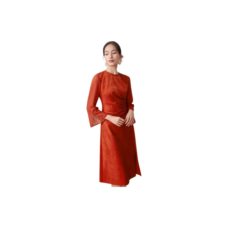 BBLLUUEE Long Sleeved Dress Women's Wind Dye Red-2