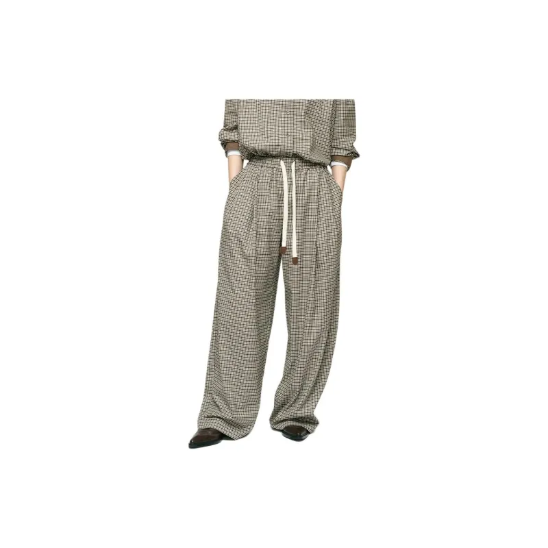 YOEYYOU Casual Pants Women's Beige/Black Plaid-2