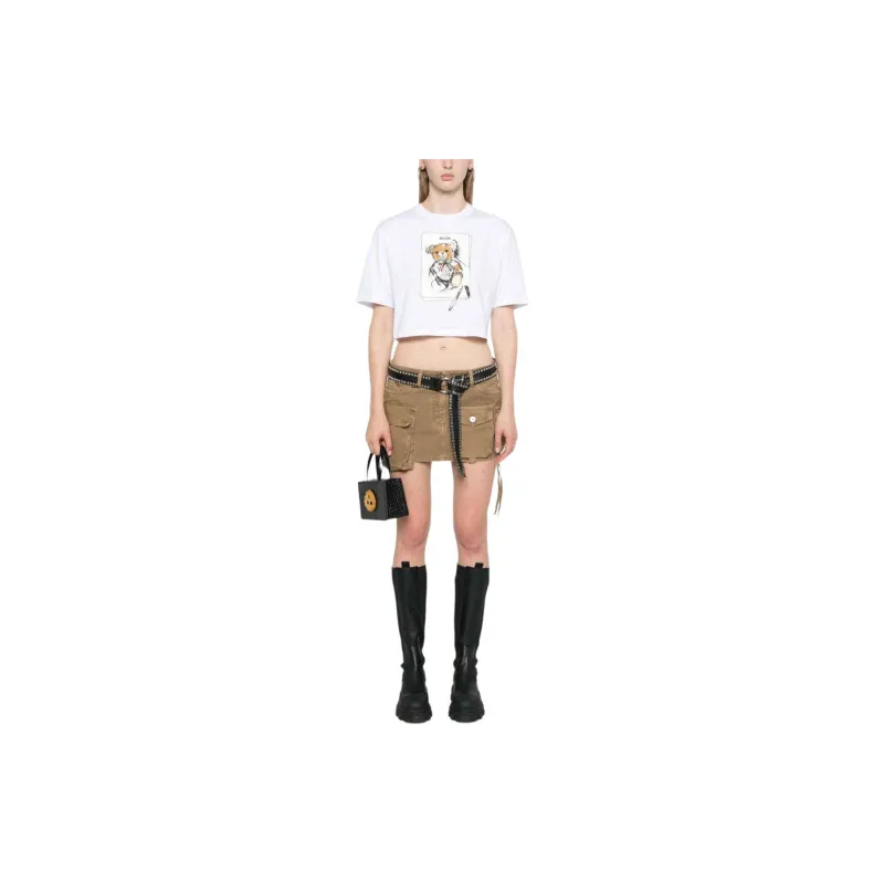 MOSCHINO Teddy Bear Printed Crewneck Cropped T-Shirt-1