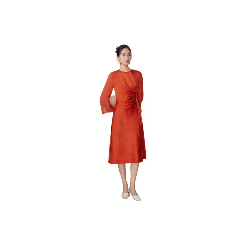 BBLLUUEE Long Sleeved Dress Women's Wind Dye Red-3