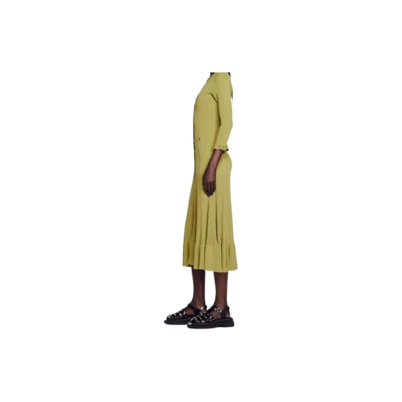 Sandro Önden Düğmeli Triko Uzun Elbise Long Sleeved Dress Women's Green-3