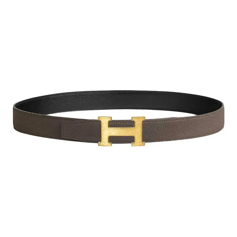 HERMES Calfskin, Metal, Gold Plated Leather Belts Unisex Black Width 3.2CM-1