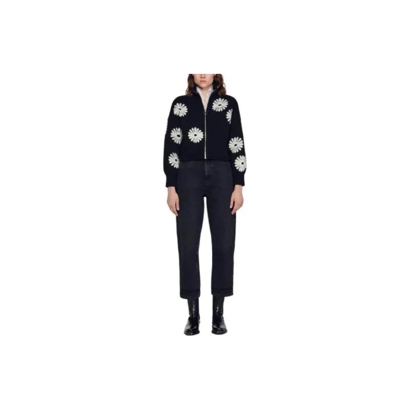 Sandro Floral Trucker Style Sweater Women's Black-1