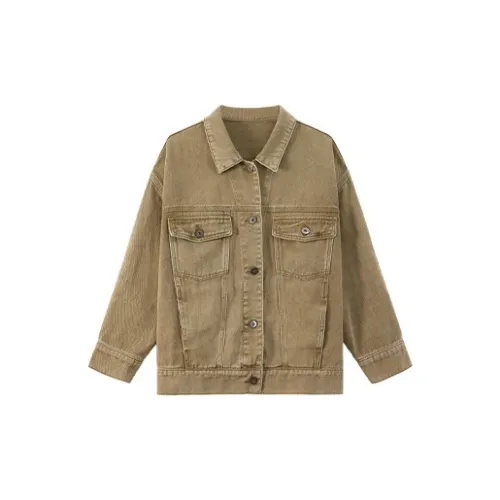 HDFULERN Denim Jackets Women's Linen Brown