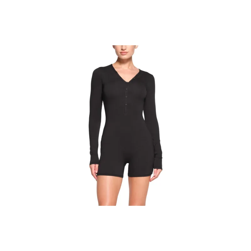 SKIMS COTTON JERSEY BUTTON UP HENLEY ONESIE Bodysuits Women's ONYX/Onyx-1