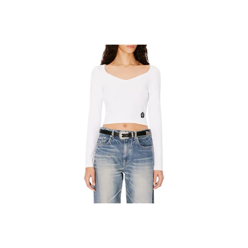 KENZO Logo Floral Emblem Cropped Long Sleeved T Shirt Women's White-3