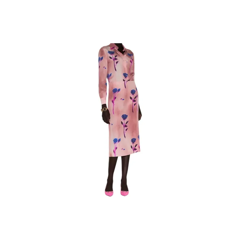 GUCCI Flora-Print Crepe De Chine Skirt Casual Long Skirts Women's Pink-4