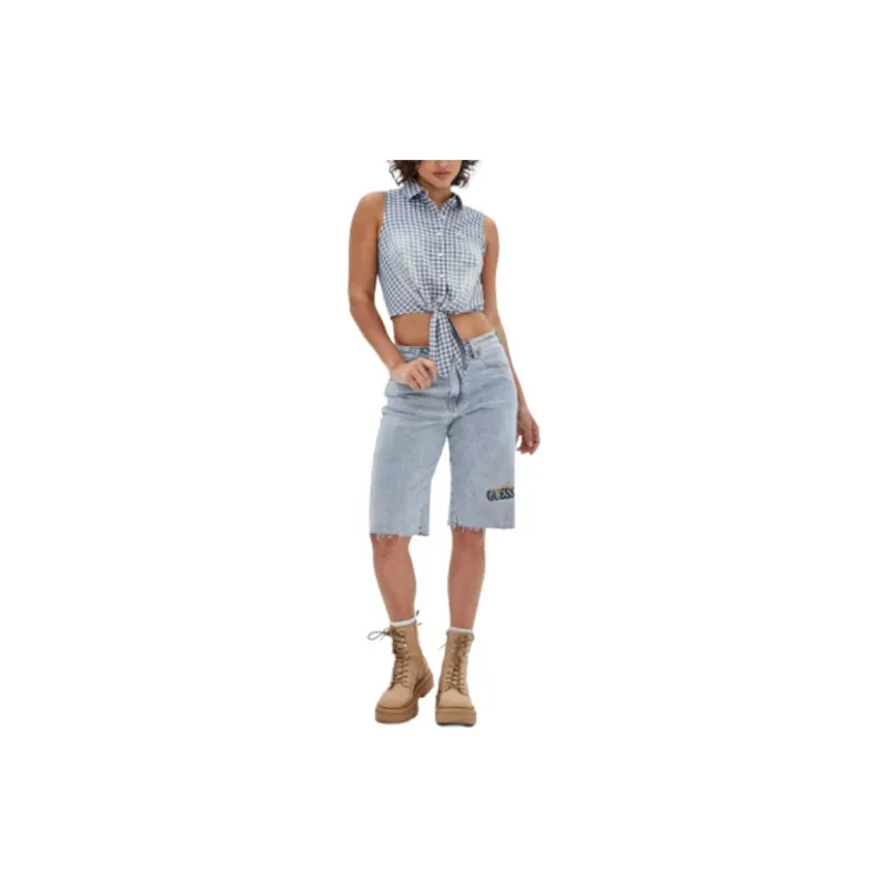 GUESS Originals Gingham Tie-Front Top Shirt Women's Blue-1
