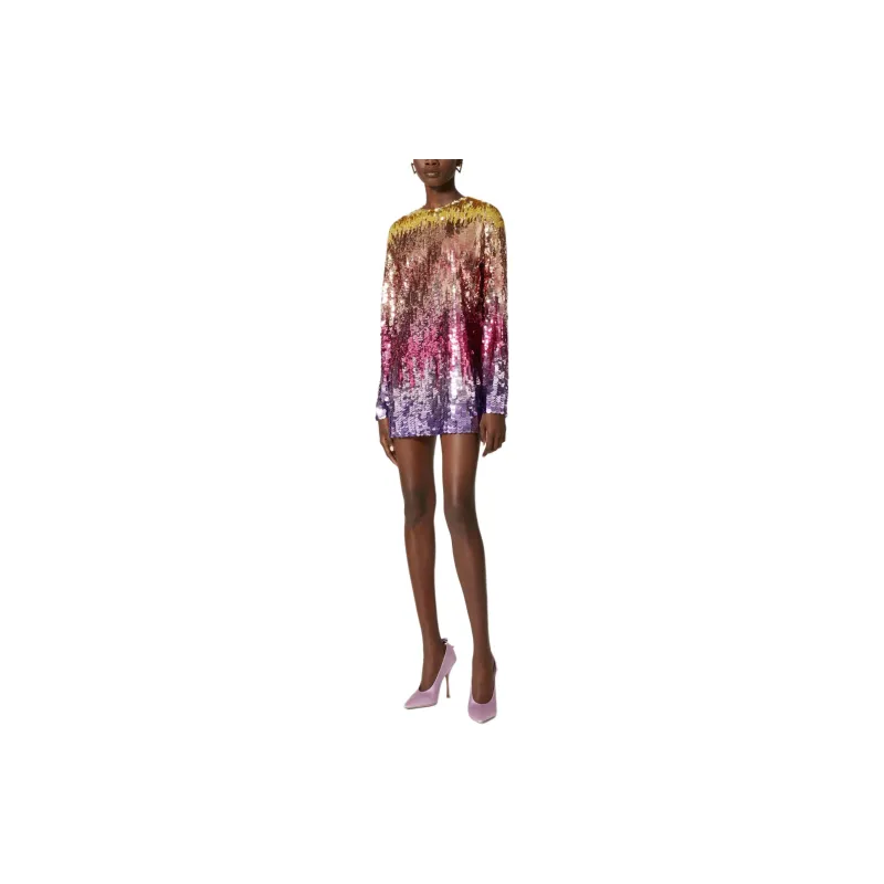 Valentino Tulle Illusione Embroidered Short Dress Long-Sleeved Dresses Women's Multicolor-3