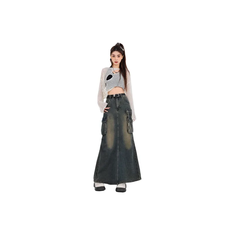 Concubine Zhu Denim Long Skirt Women's Concrete Gray-3