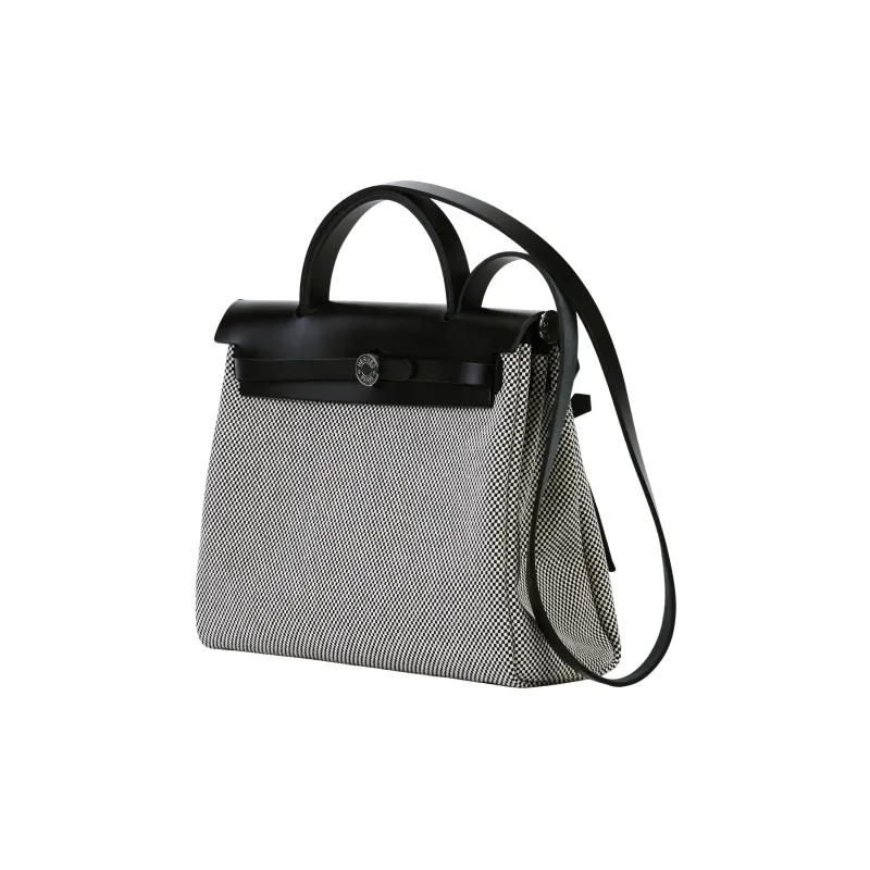 HERMES Herbag Zip Canvas With Leather Portable One Shoulder Canvas Bag Crossbody Bag Unisex Black White-2