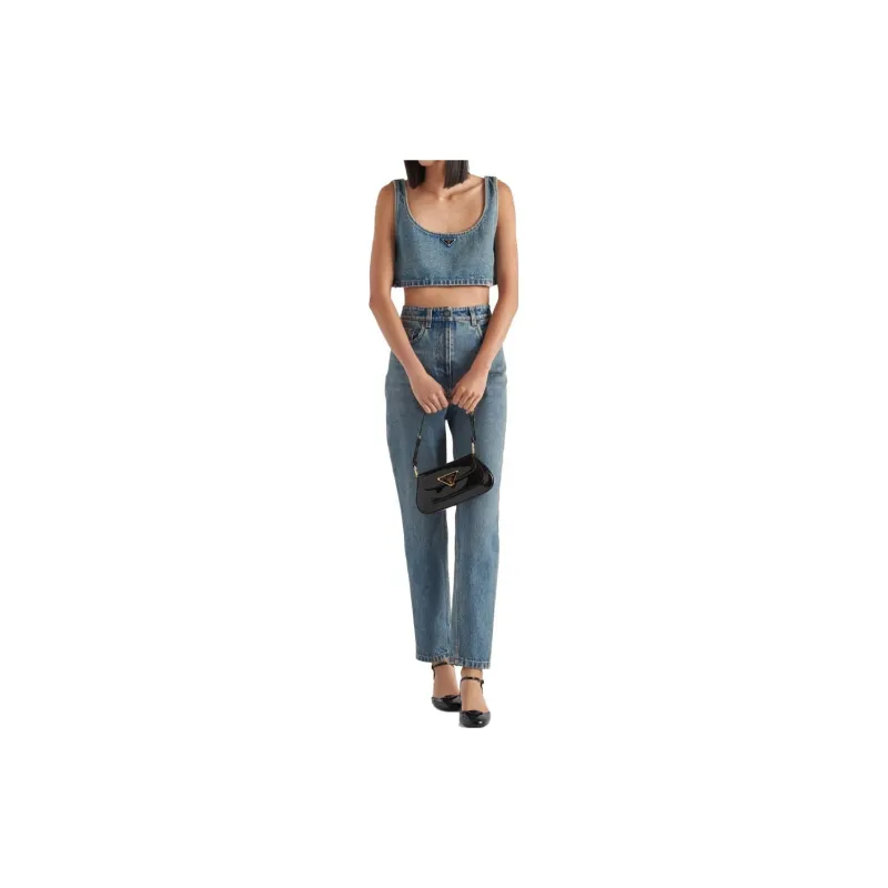 PRADA Triangle logo Denim Crop Top-2
