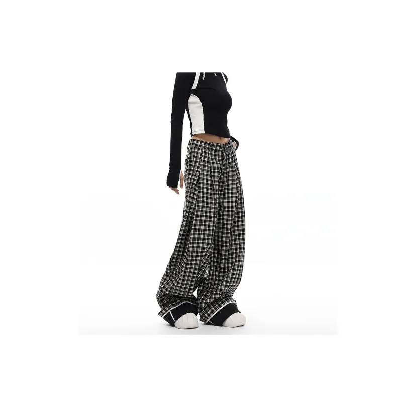 VINMUK Casual Pants Unisex Black White Plaid-2