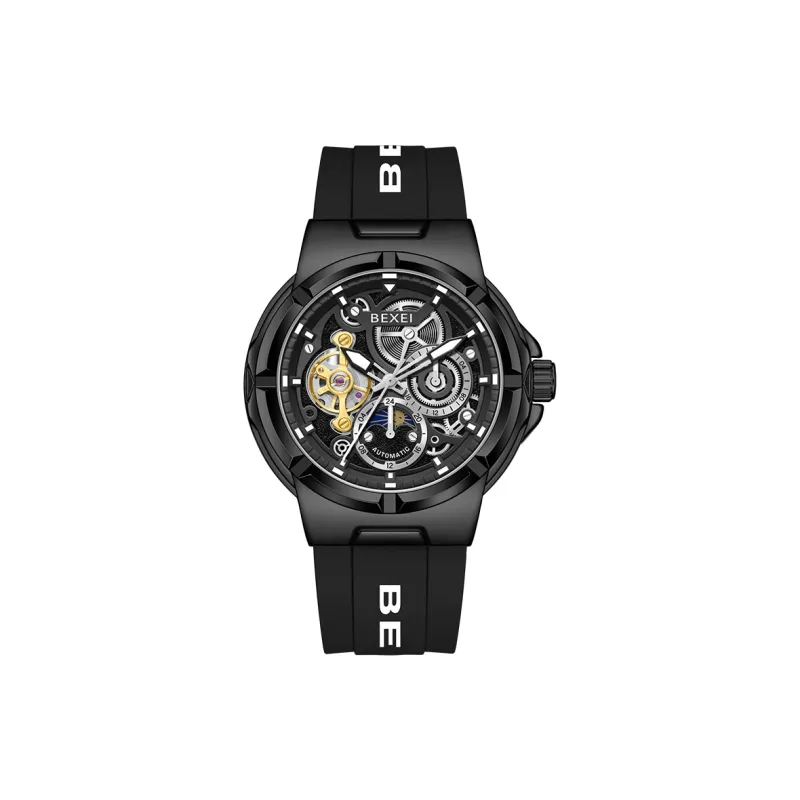 BEXEI Black Warrior Mechanical Movement Rubber Strap Watch Men's Watches Cut-Out Dial-0