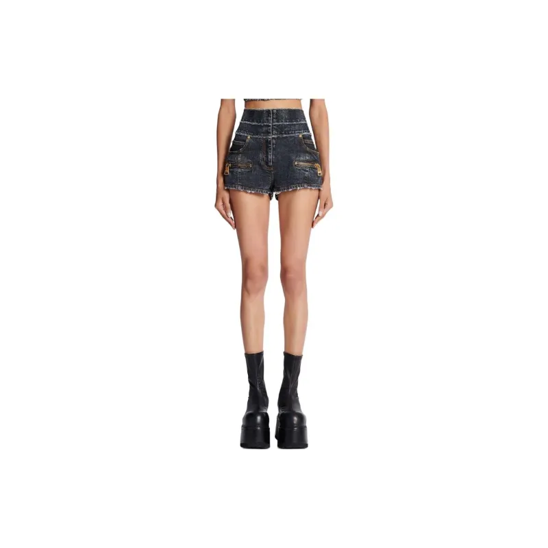 BALMAIN High Waist Faded Denim Mini Shorts-4