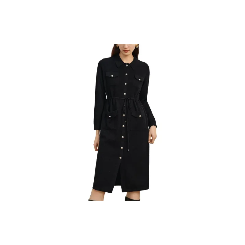 JZ Juzui Long Sleeved Dress Women's Plain Black-3