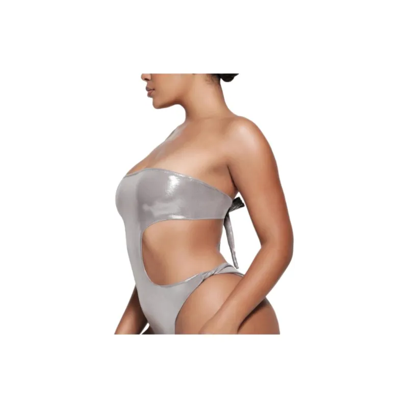 SKIMS LIQUID SHINE SWIM STRAPLESS CUT OUT MONOKINI One-piece Swimsuit Women's SMOKE/Smoke Gray-3