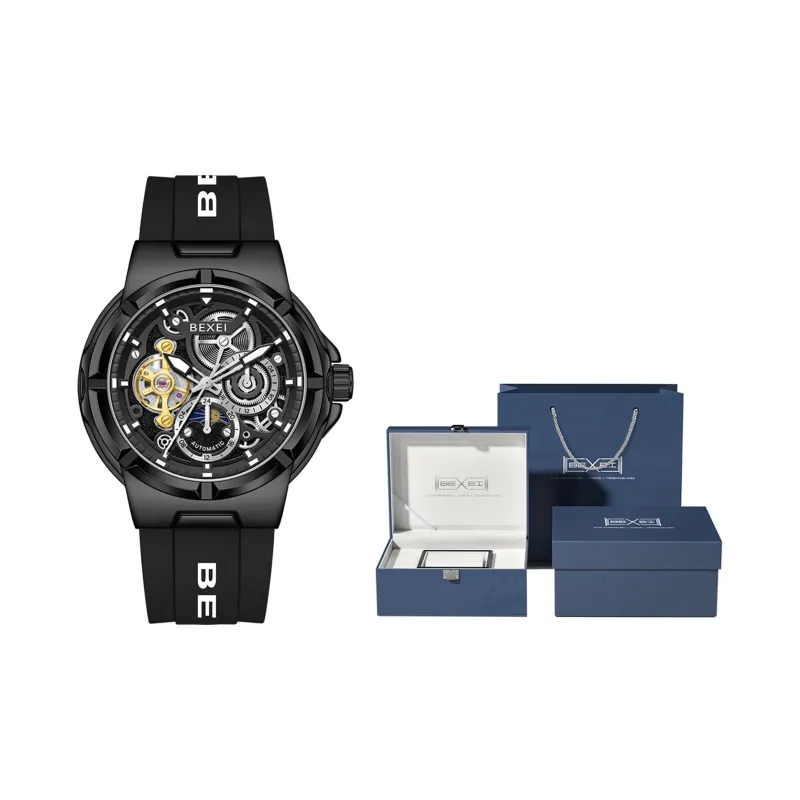 BEXEI Black Warrior Mechanical Movement Rubber Strap Watch Men's Watches Cut-Out Dial-1
