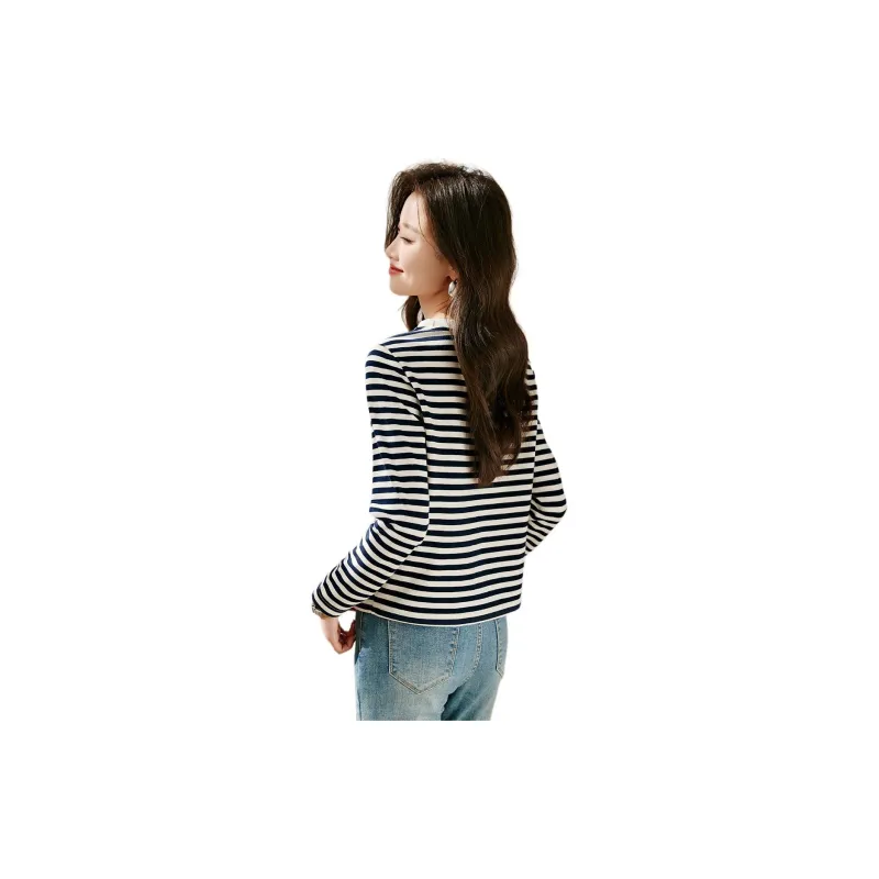 Mo Han Yi Mei Regular T Shirt Women's Navy Blue Stripes-2