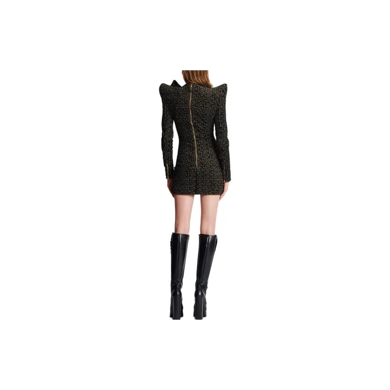 BALMAIN Monogrammed Jacquard Structured Dress With Bow Collar Long Sleeved Dresses Women's Brown-1