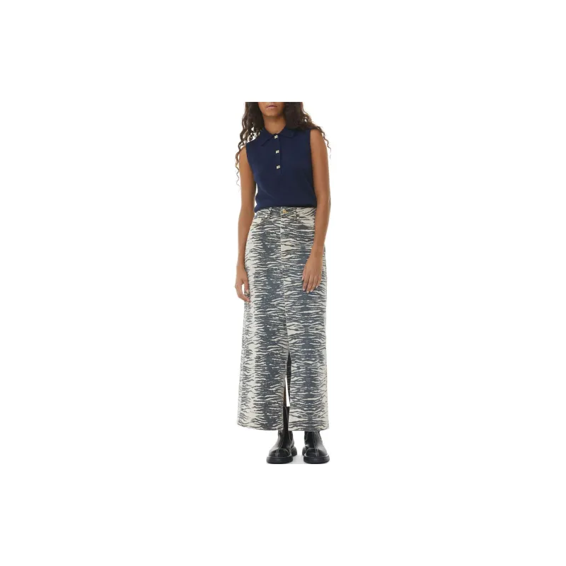 GANNI Print Denim Maxi Slit Skirt Casual Long Skirts Women's Gray-3