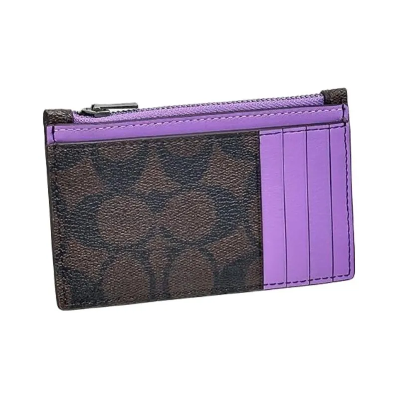 COACH Card Case Canvas With Calfskin Wallets Card Holders Men's Coffee Antique Floral Pattern Purple-2