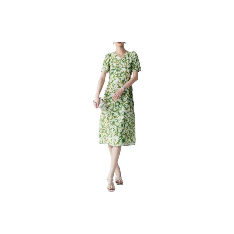 CHUMIAN Short Sleeved Dress Women's Green Land White Flower-2