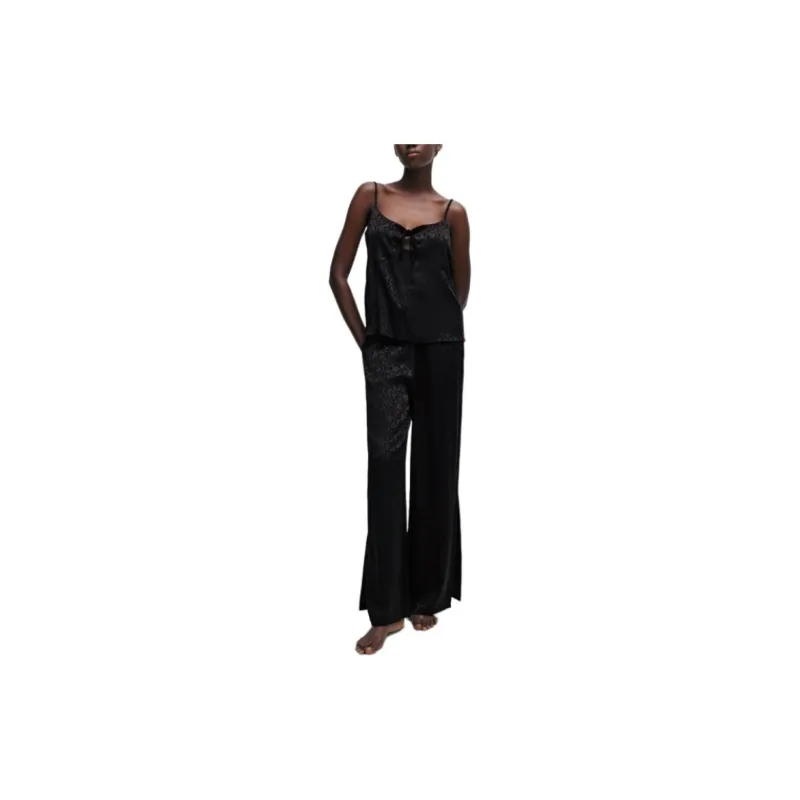 HUGO BOSS Signature-Jacquard Pajama Bottoms With Side Slits Casual Pants Women's Black-1