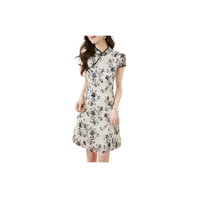 Still Quiet Short Sleeved Dresses Women's Black White-1