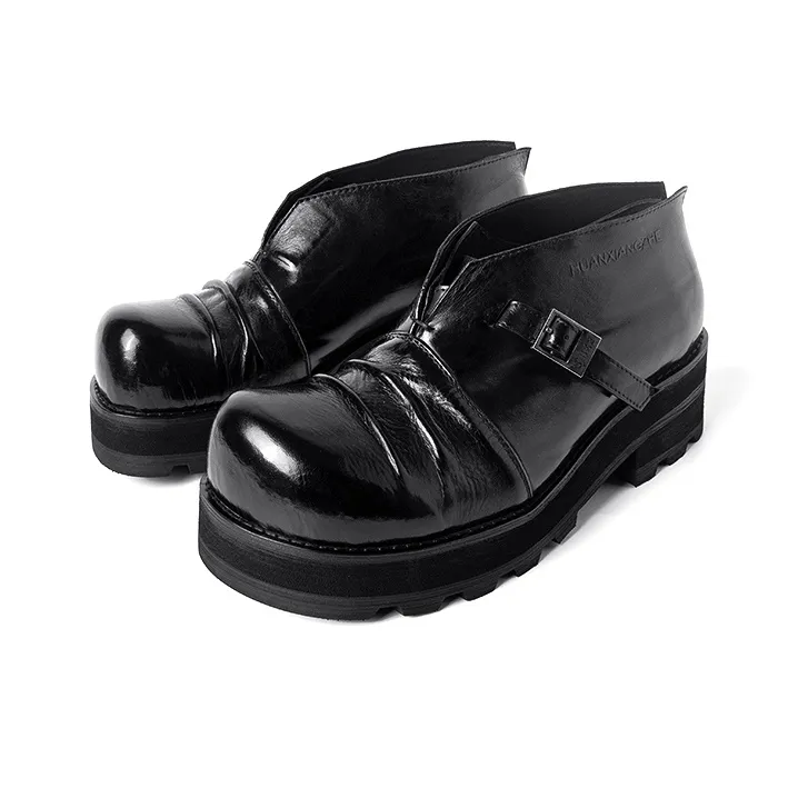 HUANXIANGZHE Round Tip Derby Shoes With Platform Height Increasing Leather Shoes Men's Black-2